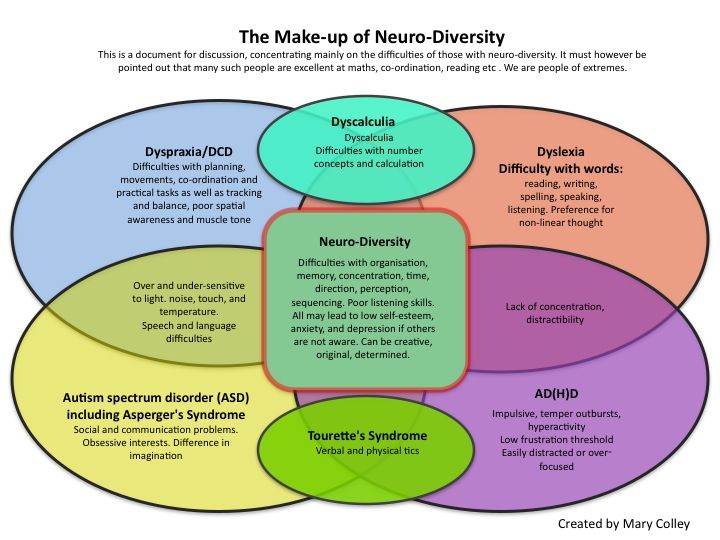 diagram showing common conditions of neurodiversity and their signs